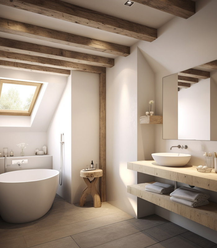 Rénovation de salle de bain moderne Salle de bain rénovée avec baignoire, vasque, carrelage et poutres apparentes