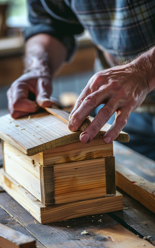 Travaux de menuiserie bois sur mesure Artisan travaillant le bois pour une réalisation de menuiserie sur mesure