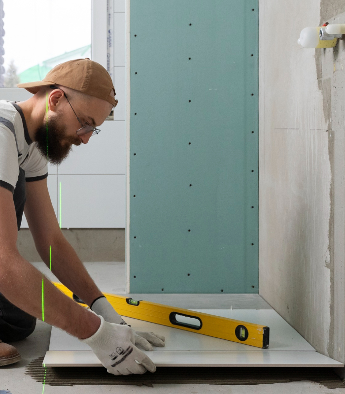 Pose de carrelage pour rénovation intérieure Artisan posant du carrelage avec un niveau pour des travaux de rénovation intérieure